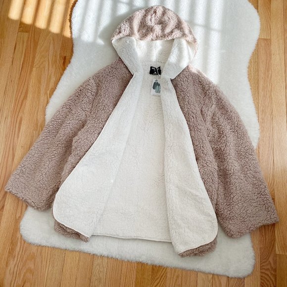 Hooded Reversible Soft Sherpa Teddy Bear Sweater Coat, Pink/White, Size 2X/3X - Picture 2 of 9